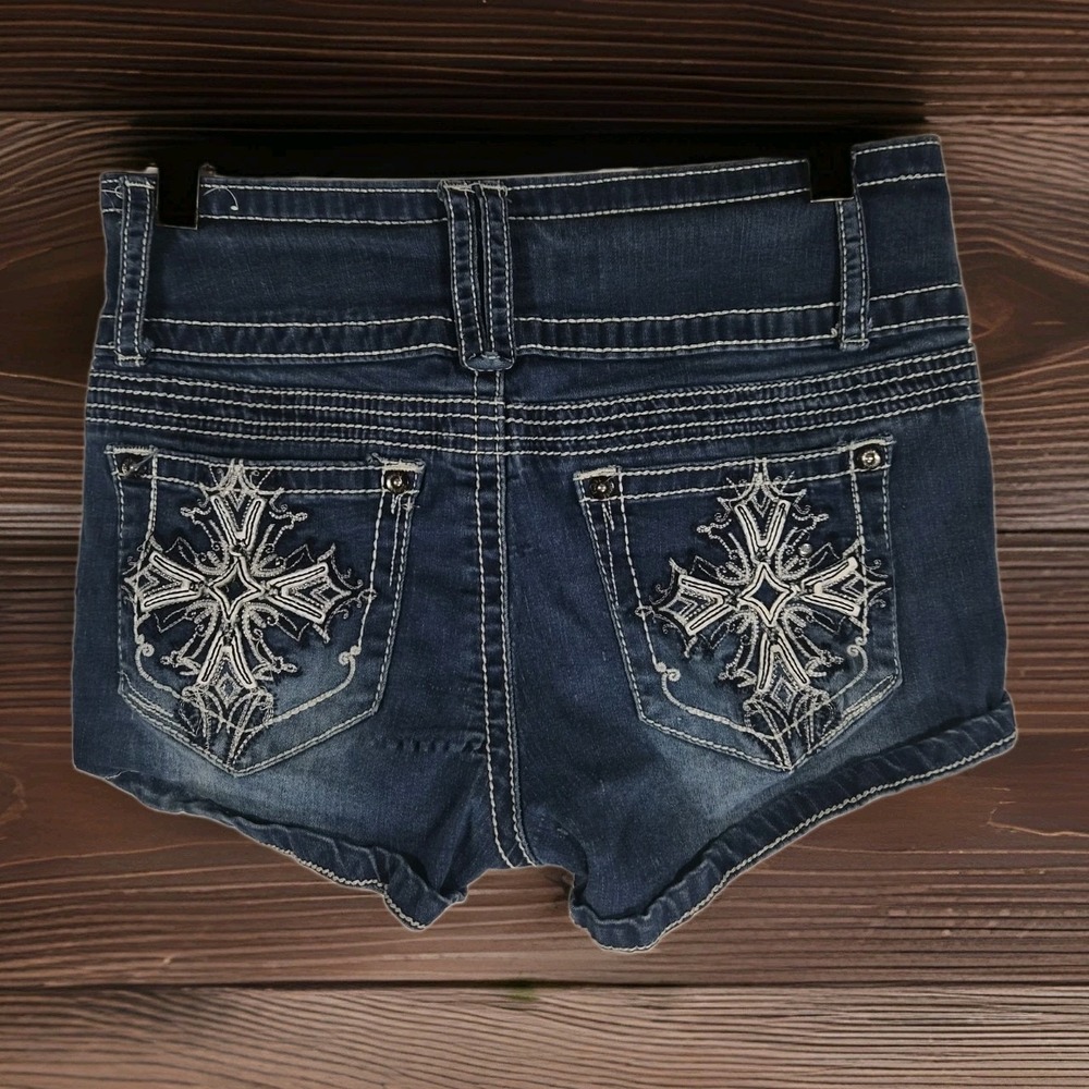 2000s Y2k Embroidered Cross Women's 3/4 High Waist Denim Shorts Miss Me Style